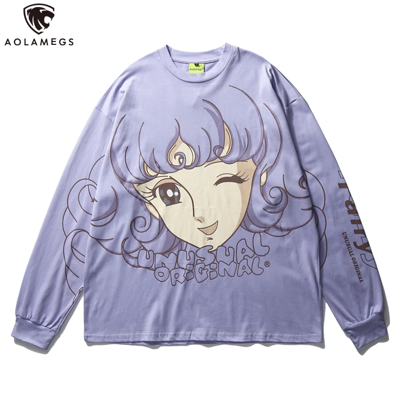 

Aolamegs Harajuku Cartoon Girl Print Long Sleeve Tees Shirts 3 Color Optional Cozy Baggy T Shirt Streetwear Couple Fashion Tops