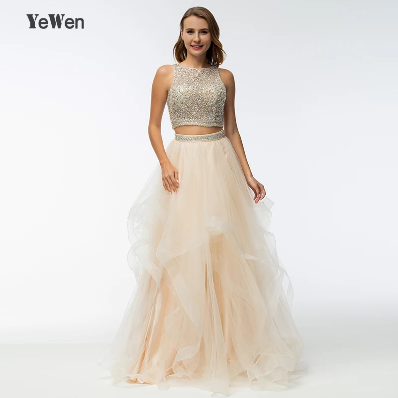 

YeWen sweet gold tow piece tulle long prom dresses party dress 2018 kaftan dubai ball gown Beaded gala dress