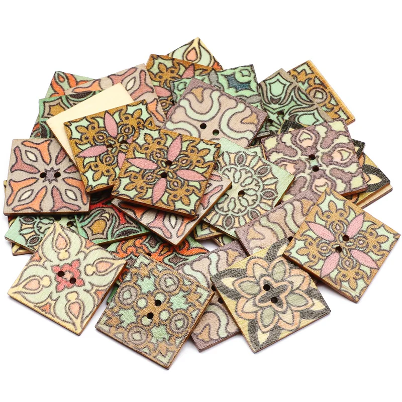 50pcs 25mm Mixed Vintage Pattern Wooden Buttons Square 2 Hole Sewing Button for Kid's Clothing Scrapbooking DIY Craft Decoration