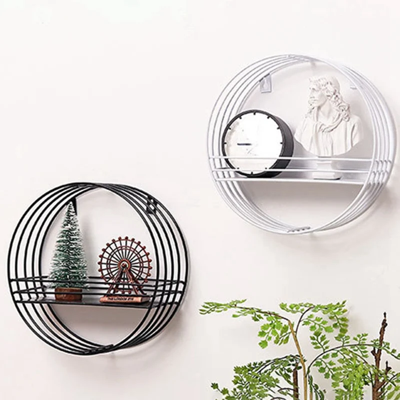 

Nordic Style Metal Round Wall Unit Retro Industrial Style Wood Metal Wall Shelf Rack Storage Decoration Home Decor