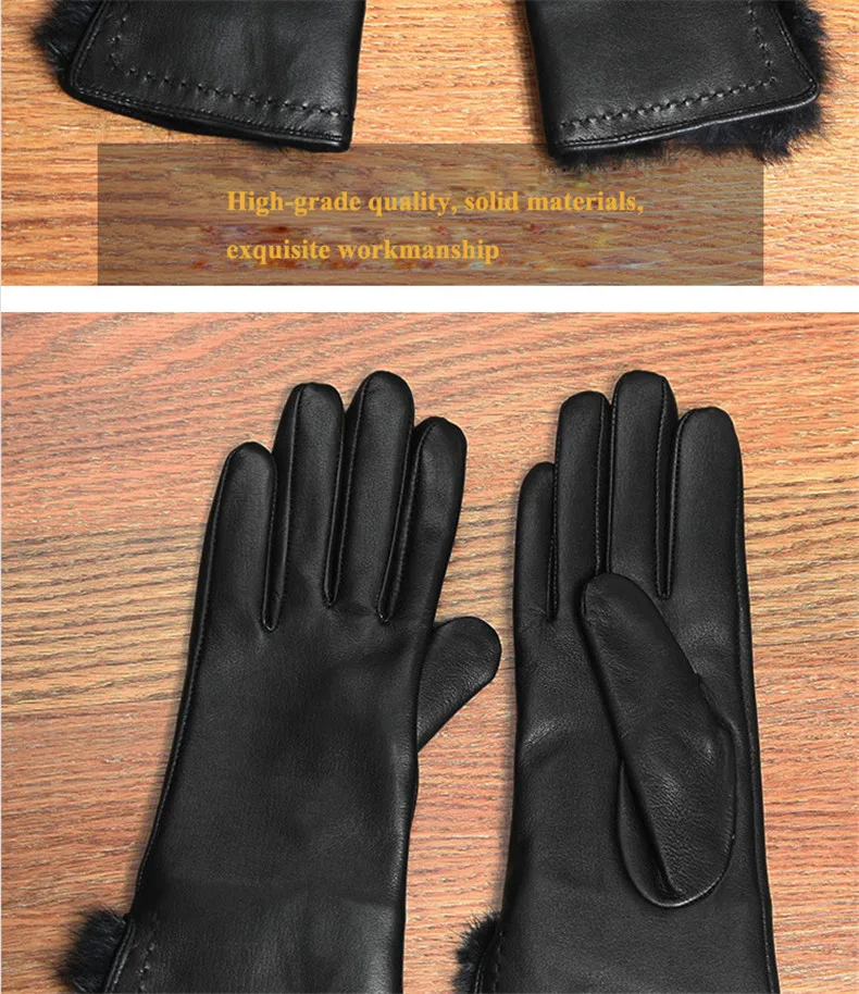 Новые женские перчатки из натуральной кожи, осенне-зимние теплые плюшевые перчатки с подкладкой из кроличьей шерсти, черные перчатки из овчины, женские L6124-9