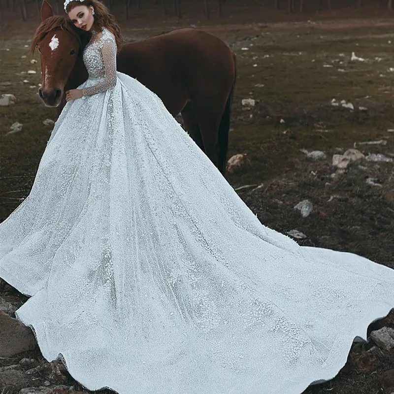 Robe De Soiree сексуальное винтажное кружевное бальное платье с длинными рукавами, свадебное платье принцессы с высоким воротом, иллюзия, свадебное платье невесты, платье