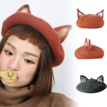 

Newly Women Cats Ear Wool Felt Beret Cap Cute Warm Painter Hat Christmas Winter Wool Felt Cap FIF66