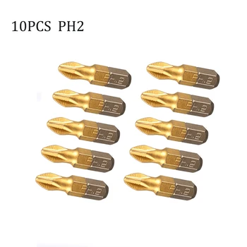 

10pcs Anti Slip PH2 Screwdriver Bit 25mm Length 1/4" Shank Titanium Coated Drill Bits For Electric Drill