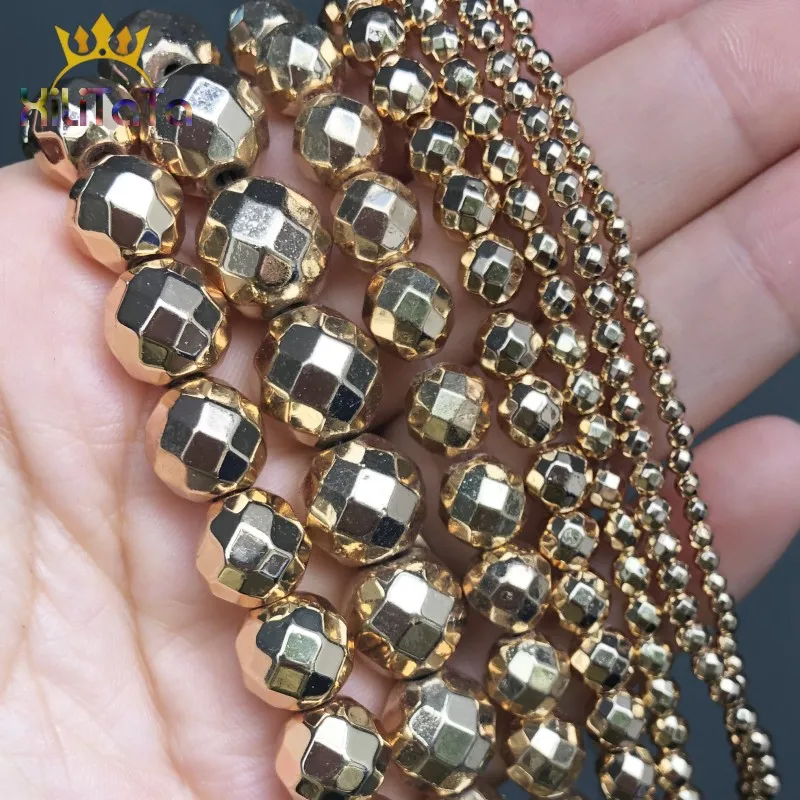 Faceted Natural Stone Light Gold Hematite Round Loose Beads For Jewelry Making DIY Bracelet Accessories 15'' 2/3/4/6/8/10/12mm |