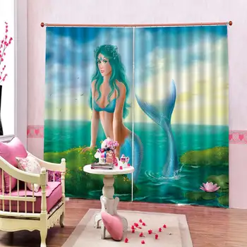 

Custom Cartoon mermaid printed Fabric Window Curtain For Living room bedroom Blackout Drapes Decor Sets (Left and Right Side)