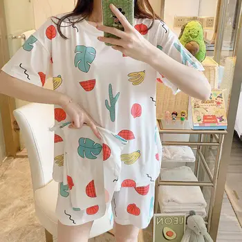 

MISSKY Summer Thin Women Pajama Set Sleepwear Strawberry Short Sleeve Tops Shorts Home Suit with Cloth Bag Female Homewear