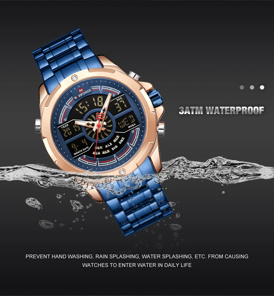 NAVIFORCE Men Sport Stop Watch Luminous Hands and LED display Multiple Time Zone Quartz Watches For Male Clock Chronograph Watch
