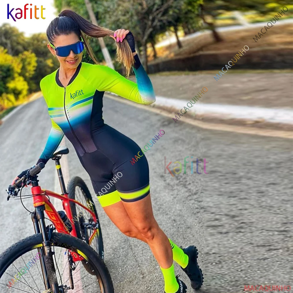 Triathlon Tuta Verde Fluo Tuta Da Ciclismo A Manica Lunga Da Donna