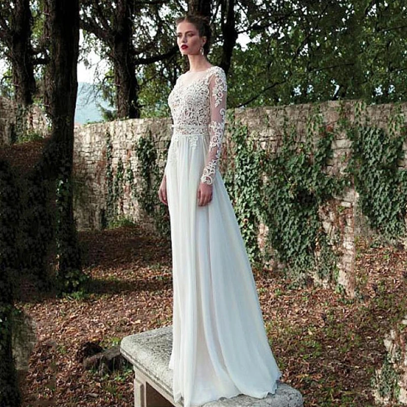 Пляжные платья Vestido De Noiva дешевые свадебные платья шифоновая с длинными рукавами Кружева спинки Бохо Дубай арабское свадебное платье невесты