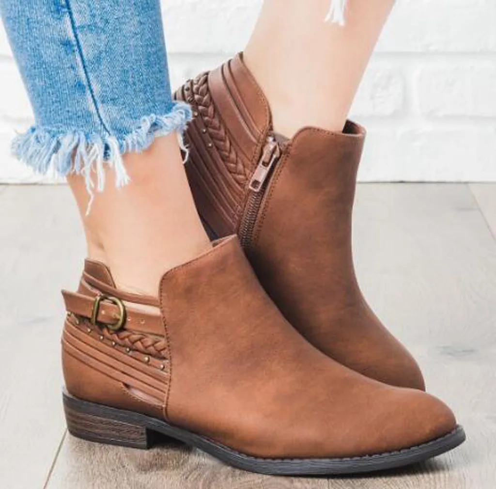 

Hot Sale Women Boots Side Zipper Retro Squared Heel Shoes Solid Color Buckle Suede Boot Ladies Western Point Toe Shoes