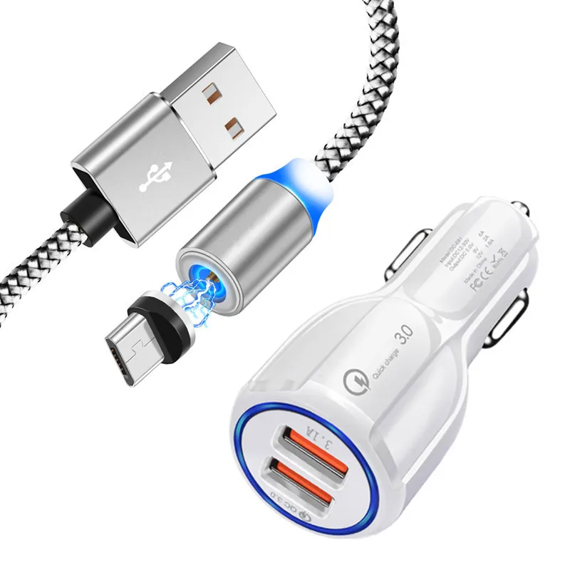 EU charger and cable Для samsung galaxy A10 M10 A2 Core J4 J6 J8 A6 A7 Android мобильный телефон светодиодный магнитный Micro USB кабель QC 3,0 быстрое автомобильное зарядное устройство - Тип штекера: EU charger and cable
