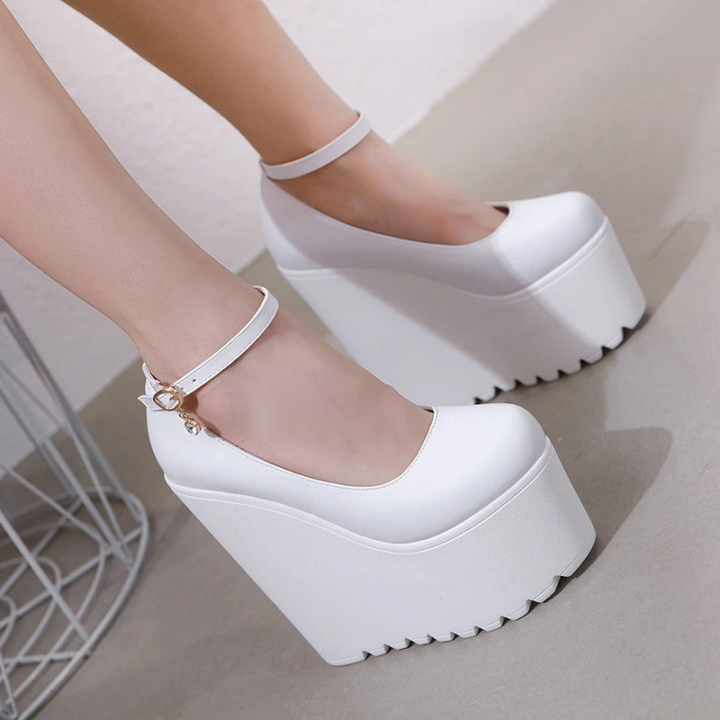 Zapatos de tacón grueso para mujer, plataforma de cabeza redonda de 17 Cm, tacones muy altos en blanco y negro, cuñas de tacón de mujer| - AliExpress