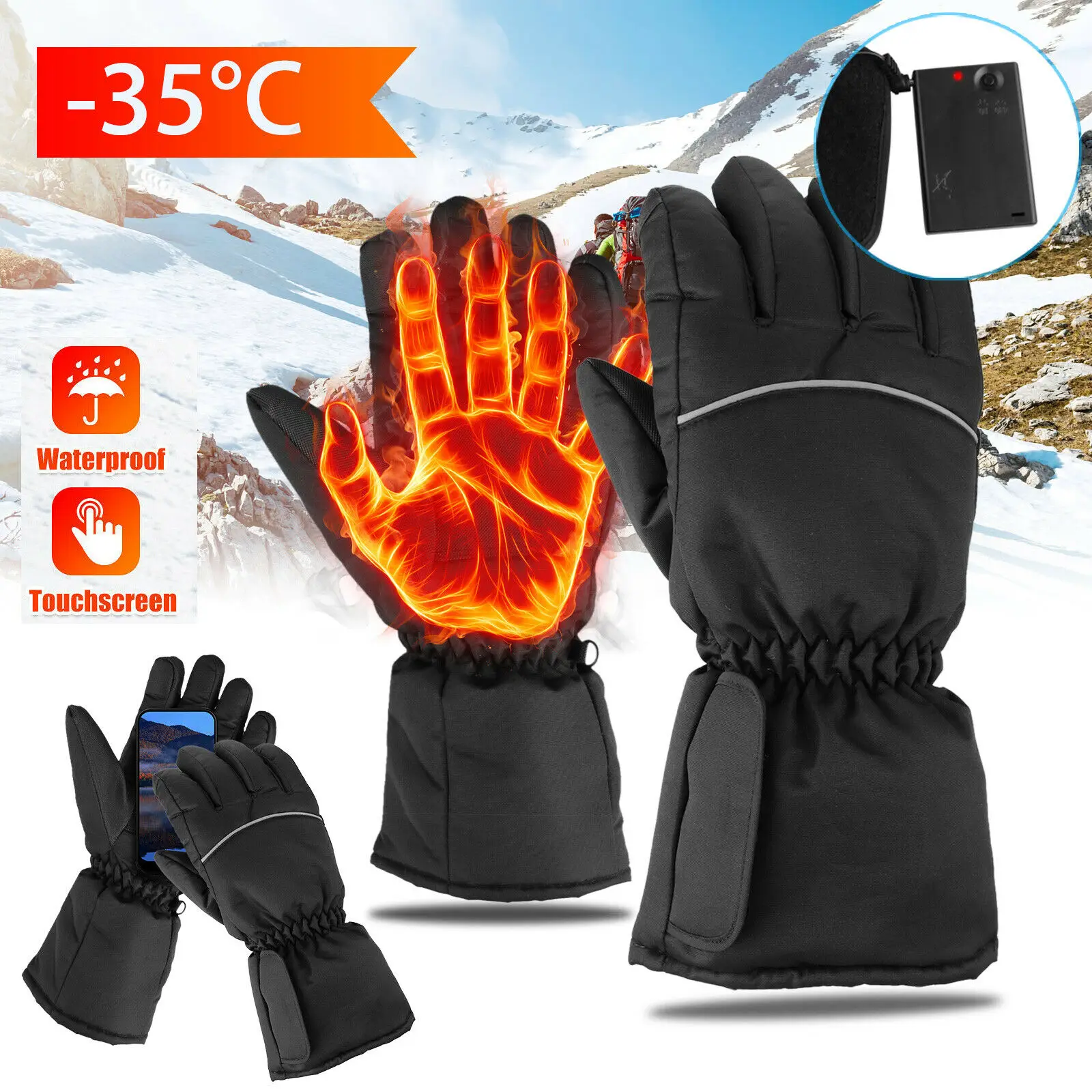 Rainproof Warm Rechargeable Heated Gloves Touch Screen Hand Warmer for Outdoor Sports Ski