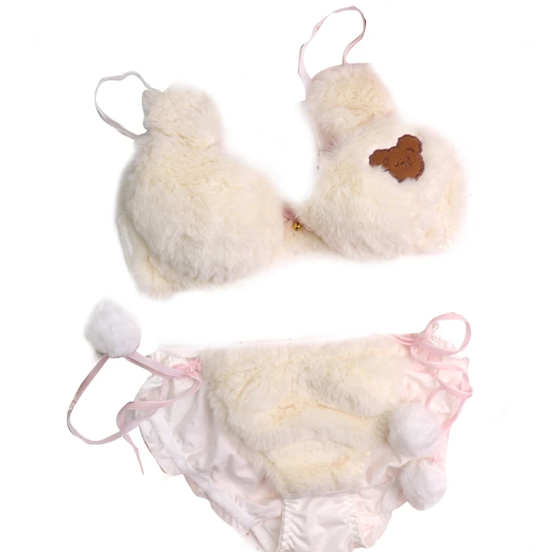 New Womens Lolita Kawaii 2pcs Bra Panty Set Cute Bear Fluffy Faux Fur  Underwire Underwear Plush Ball Bow Anime Lingerie - AliExpress