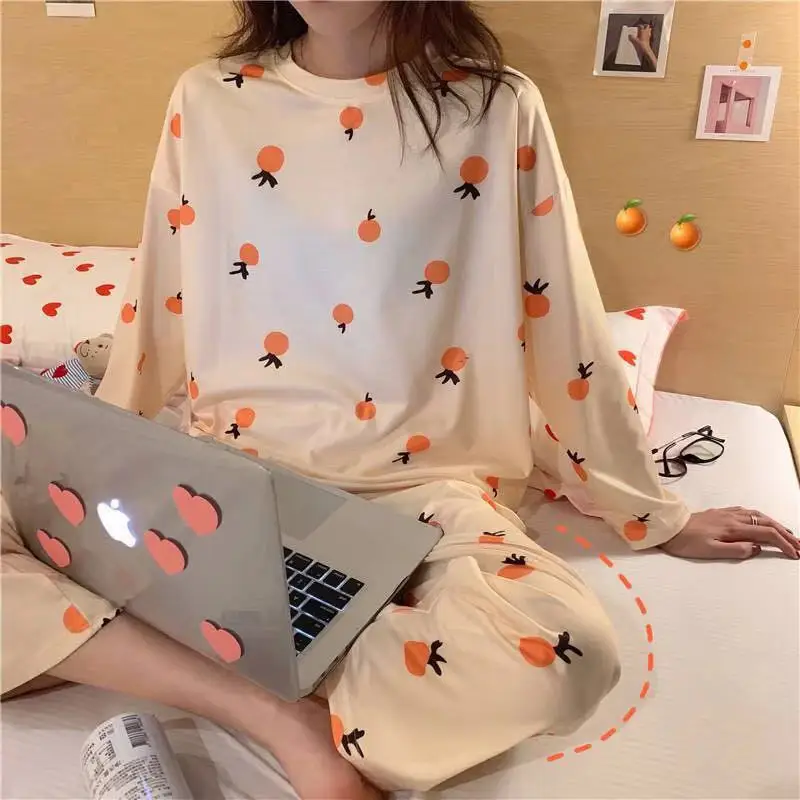 orange Зимние женские пижамы с длинным рукавом, домашняя одежда, 2 шт., женская Свободная Повседневная Домашняя одежда большого размера, мягкая Домашняя одежда, ночное белье - Цвет: orange