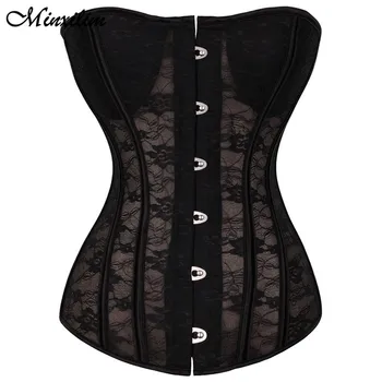 

Minxilim Women's Gothic Clothing Bodice Overbust Black Sexy Corset Tops Lace See Through White Wedding Bustiers Ladies Lingerie