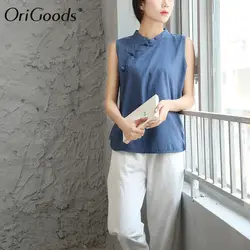 Китайский стиль Винтаж без рукавов Для женщин блузка рубашка Kawaii милые свободные Повседневное Лето Танк рубашка хлопок твердые блузка