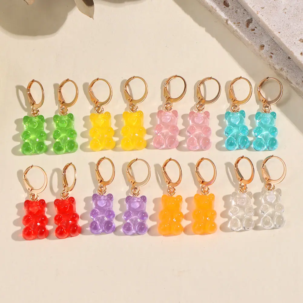2021 Coreano Nuevo Resina Oso Gota Pendiente Para Las Mujeres Oro Plata Color Acrílico Arcoiris Oso Pendiente Joyería De Amistad