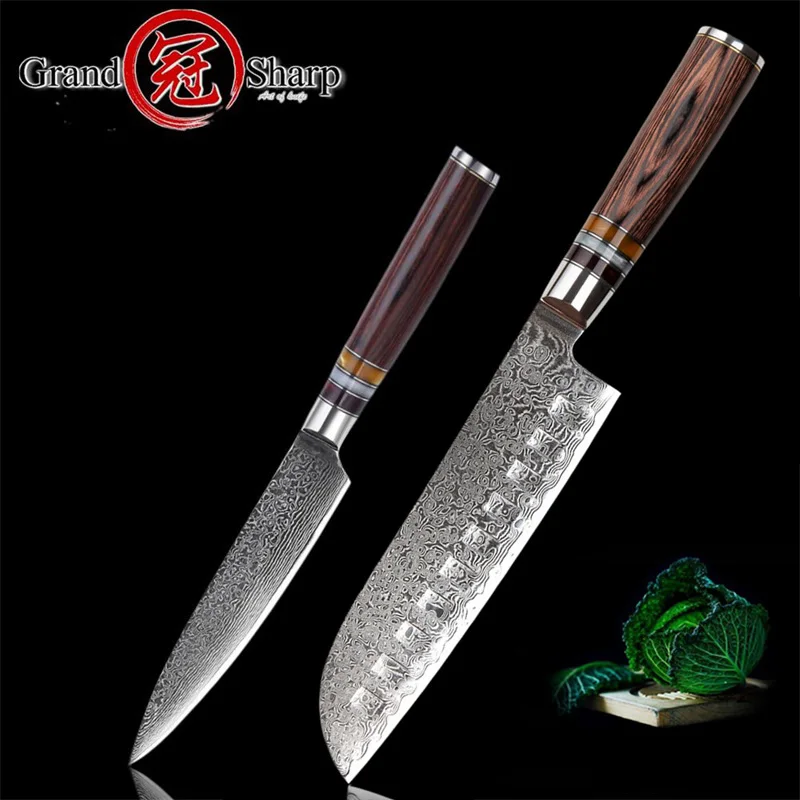 

GRANDSHARP 2 Pcs Damascus Knife Set Santoku Utility Chef Knives 67 Layers Japanese vg10 Damascus Stainless Steel Kitchen Knives