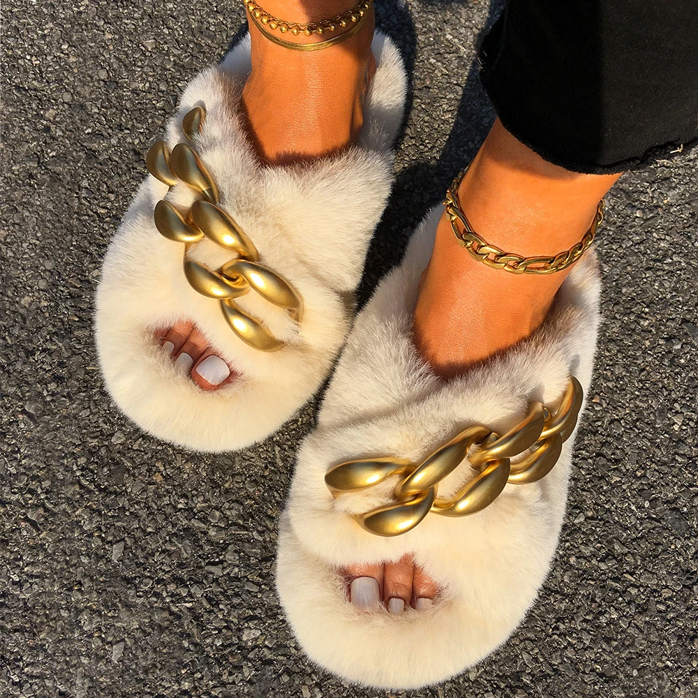  VAMPAR Fashion Khaki Designer Metal Crystal Letter M Decor  Women Slippers Furry Faux Fur Slide Fluffy Flip Flops Comfort Flat Cute  Open Toe Sandals Casual Shoes Indoor Outdoor