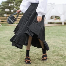 Черные эластичные юбки средней длины с высокой талией, женские новые юбки большого размера, необычный дизайн плиссированной юбки осенью