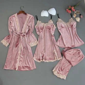 

2020 New Velvet Kimono Gown Women 4pcs Robe Set Sexy Suspender Nightdress Long Sleeve Autumn Winter Sleepwear Home Clothes
