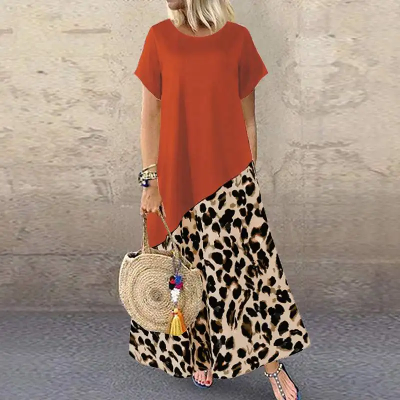 

Women's Printed Sundress ZANZEA 2020 Stylish Summer Leopard Maxi Dress Casual Short Sleeve Patchwork Vestidos Oversized Robe 5XL