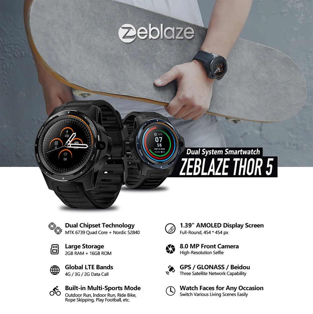 Новинка zeblaze Thor 5 двойная система Smartwatch 4G WiFi Android IOS телефон 2 Гб+ 16 Гб 8.0MP передние Смарт-часы с камерой черный