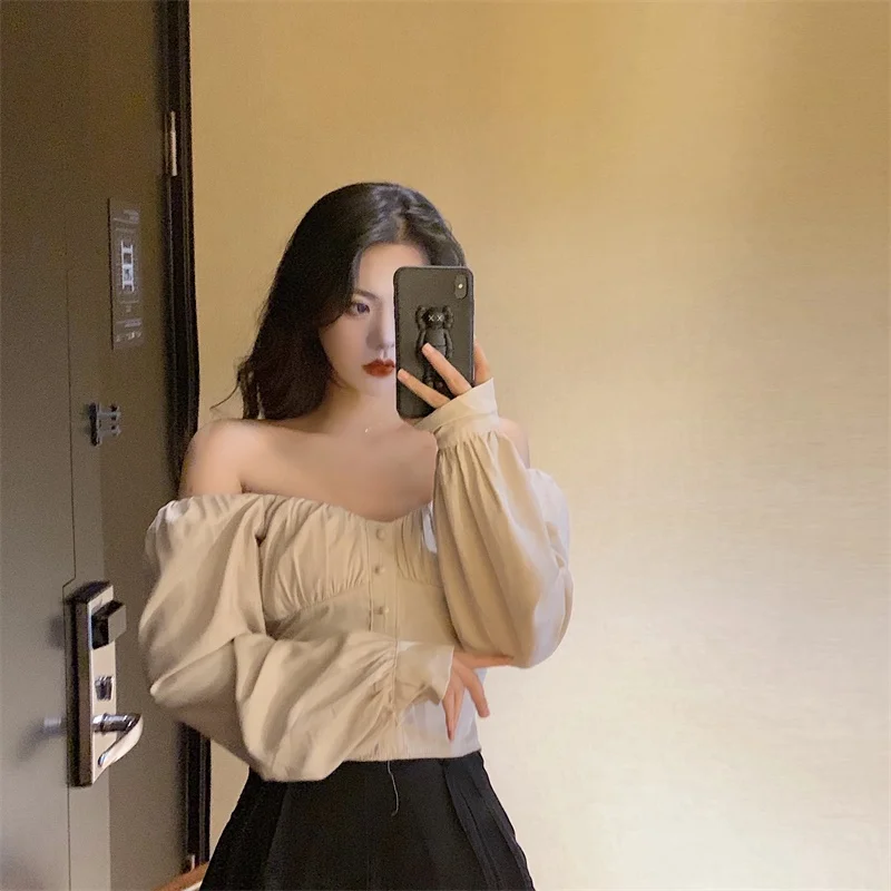 Blusas mujer de moda топы и блузки на пуговицах однотонные рубашки с длинным рукавом и вырезом в винтажном стиле весенне-осенняя женская одежда