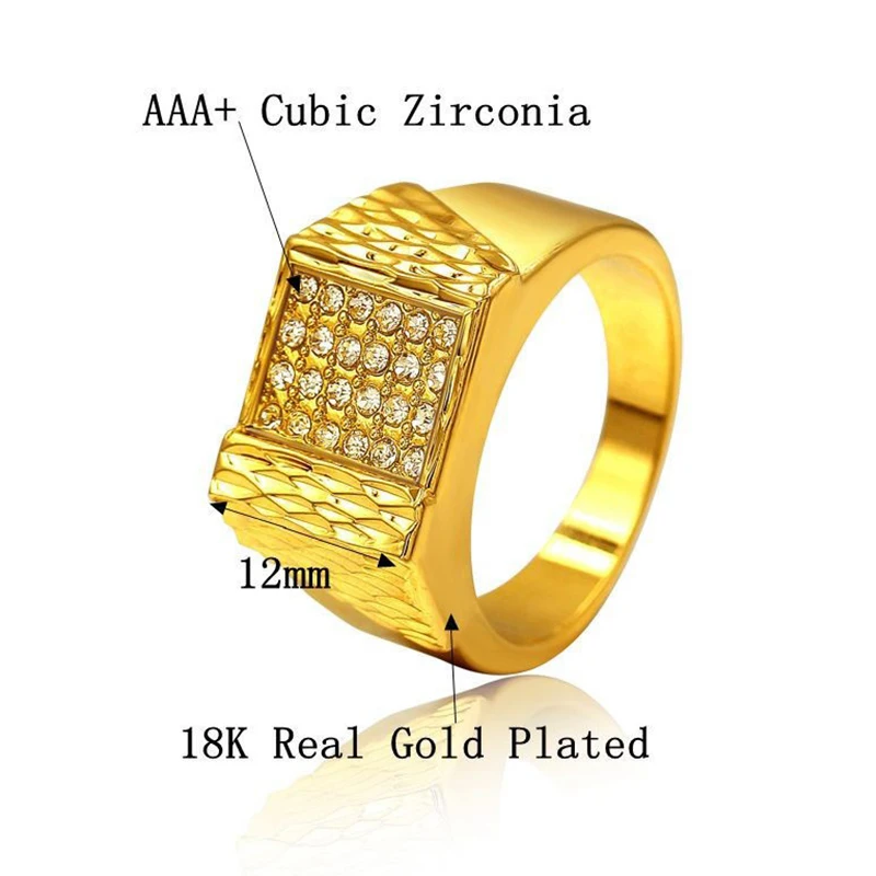 Bling мужские AAA+ циркон золотистое кольцо медный материал Iced Full CZ Квадратные Кольца Мода хип хоп ювелирные изделия Размер 7-10 JZ265D