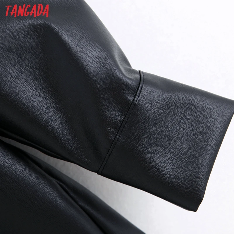 Tangada, женская рубашка оверсайз из искусственной кожи,, стиль бойфренда, длинный рукав, Ретро стиль, Женский карман, черный, ПУ, блузки, топы, BE34
