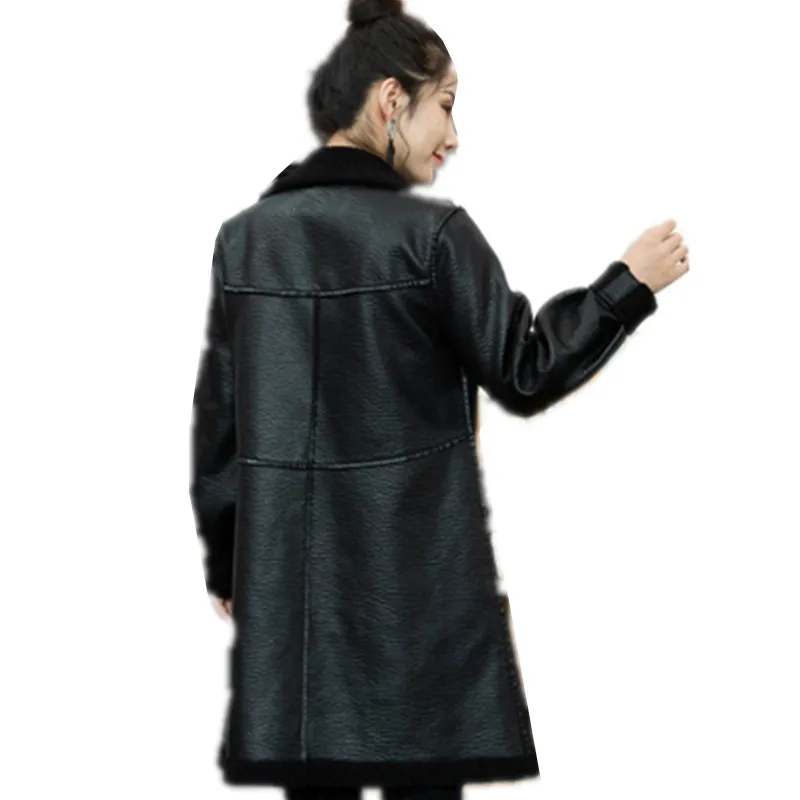 Autumn new two-faced wearing Lamb cashmere fur coat female long section loose thin warm fashion leather jacket High quality pike - Цвет: black