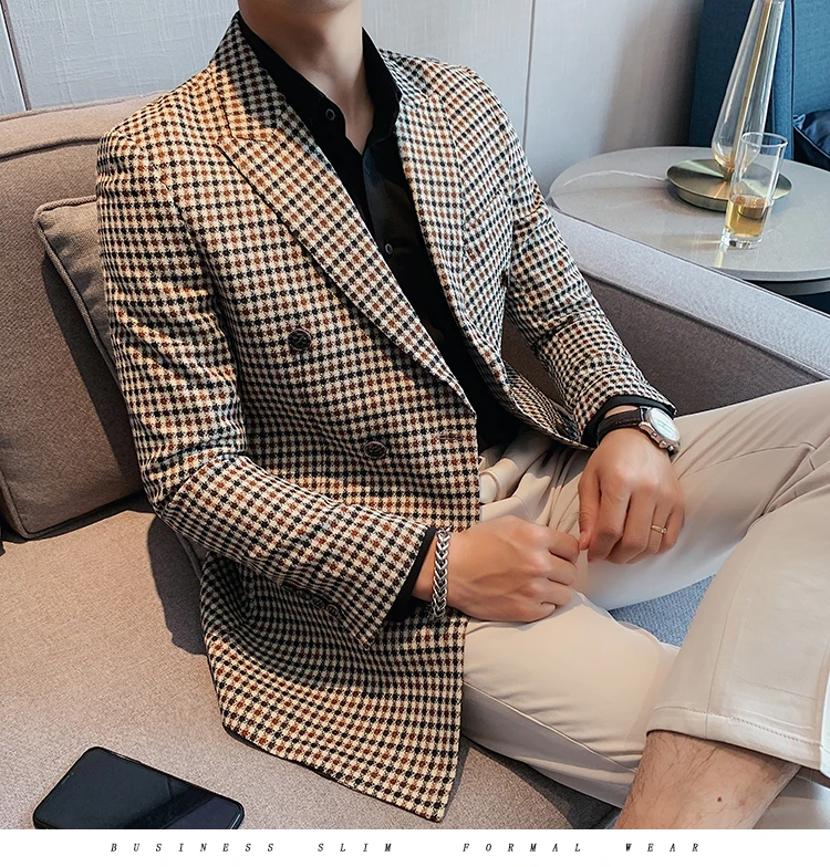 Autumn British Style Slim Fit Houndstooth Blazer For Men