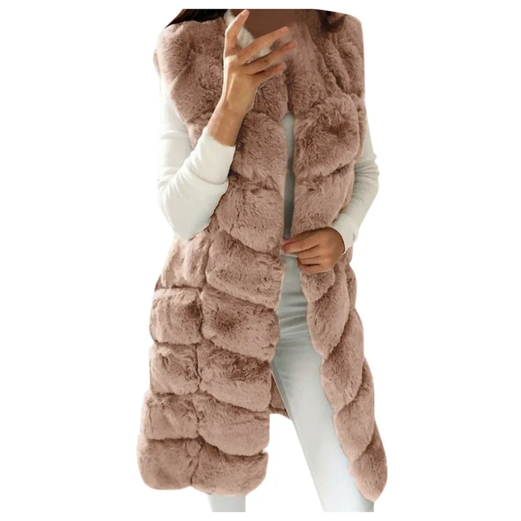 Зимняя женская жилетка без рукавов из искусственного меха, пальто размера плюс 4XL, роскошная теплая Женская жилетка из лисы, пальто, женская серая шикарная куртка для девушек - Цвет: Khaki