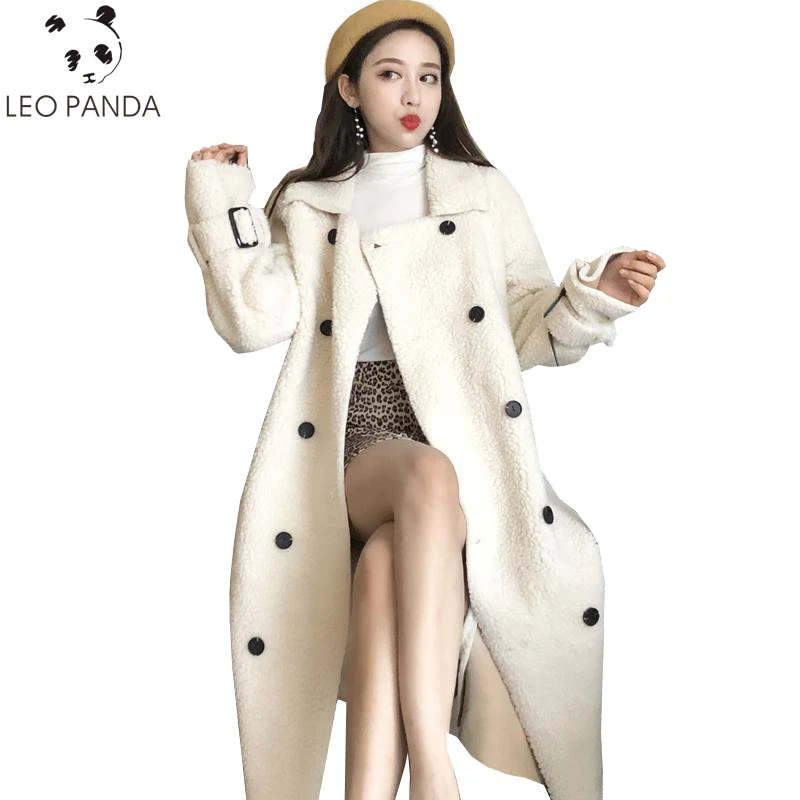Осень зима новое шерстяное пальто женское повседневное свободное двубортное двухстороннее кашемировое длинное пальто с мехом ягненка женская одежда