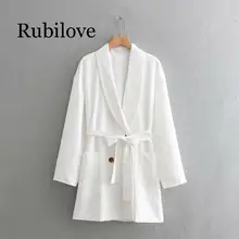 Rubilove Women Elegant White Spring Autumn Long Blazer 2019 New Fashion Female Adjustable Waist With Belt Double Breasted Long J