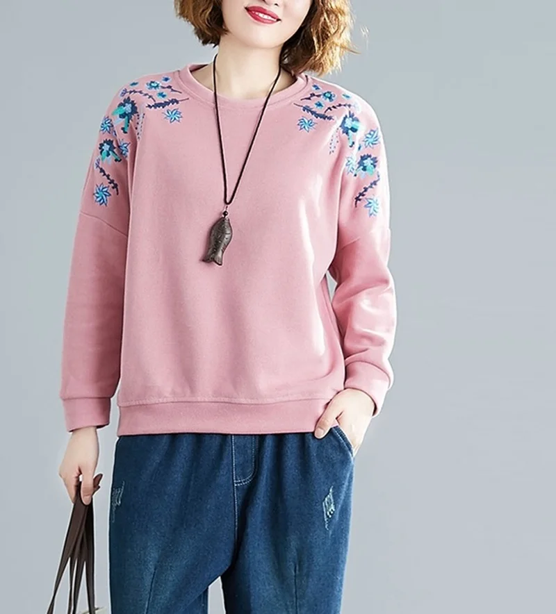 Autumn New Chinese Style Thickened Pullover Sweater Embroidery Cotton Loose Casual Tops Casual High Quality Warm Winter TA2167