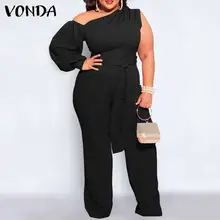 

VONDA Women Elegant Office Pantalon 2021 Autumn Long Jumpsuits Solid Color One Shoulder Long Sleeve Wide Leg Overalls Pantalones