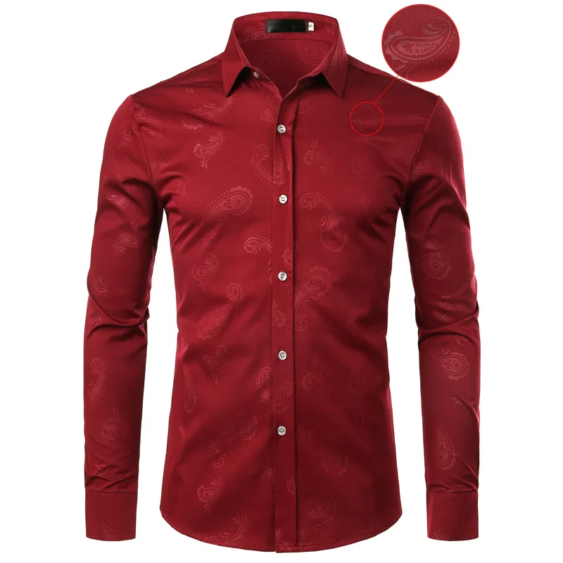 Мужская рубашка с узором пейсли, Chemise Homme, весна, длинный рукав, цветочный рисунок, нарядные рубашки, мужские повседневные, приталенные, для свадьбы, вечеринки, Camisa Masculina