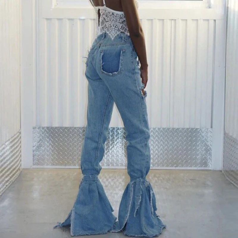 Fall Blue Denim Pants Women High Waist Flare Trousers Ripped Hole Slim Jeans Autumn Female Plus Size High Street Wear