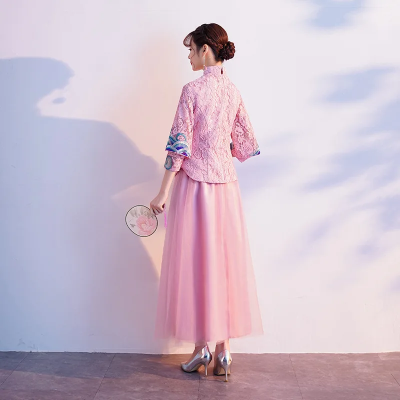 Китайский стиль, женское вечернее платье, Qipao, винтажное, вышивка, кружево, для подружки невесты, свадебное платье, розовый, благородный цветок, Cheongsam