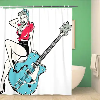 

Bathroom Shower Curtain Retro Rockabilly Pinup Girl Sitting on Vintage Guitar Music Polyester Fabric Waterproof Bath Curtain
