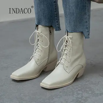 

2020 New Women Boots Leather Winter Boots Warm Shoes Square Toe Cross-tied Off White Ankle Boots For Women Side Zipper