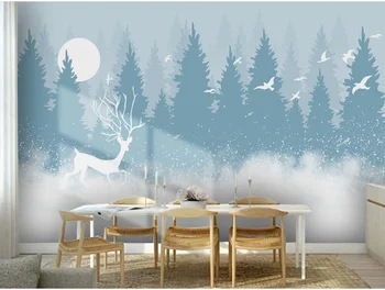

Custom Nordic Hand-painted Forest Elk Artistic Conception Flying Birds Children's Room Background Wallpaper Mural