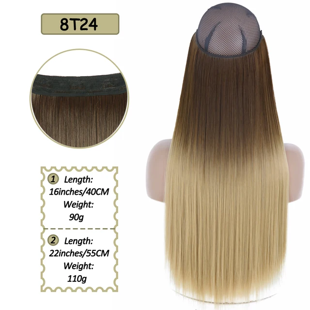 Synthetic No Clip Halo Hidden Hair Extension Ombre Artificial Natural Fake False Long Short Straight Hairpiece Blonde For Women 8T24