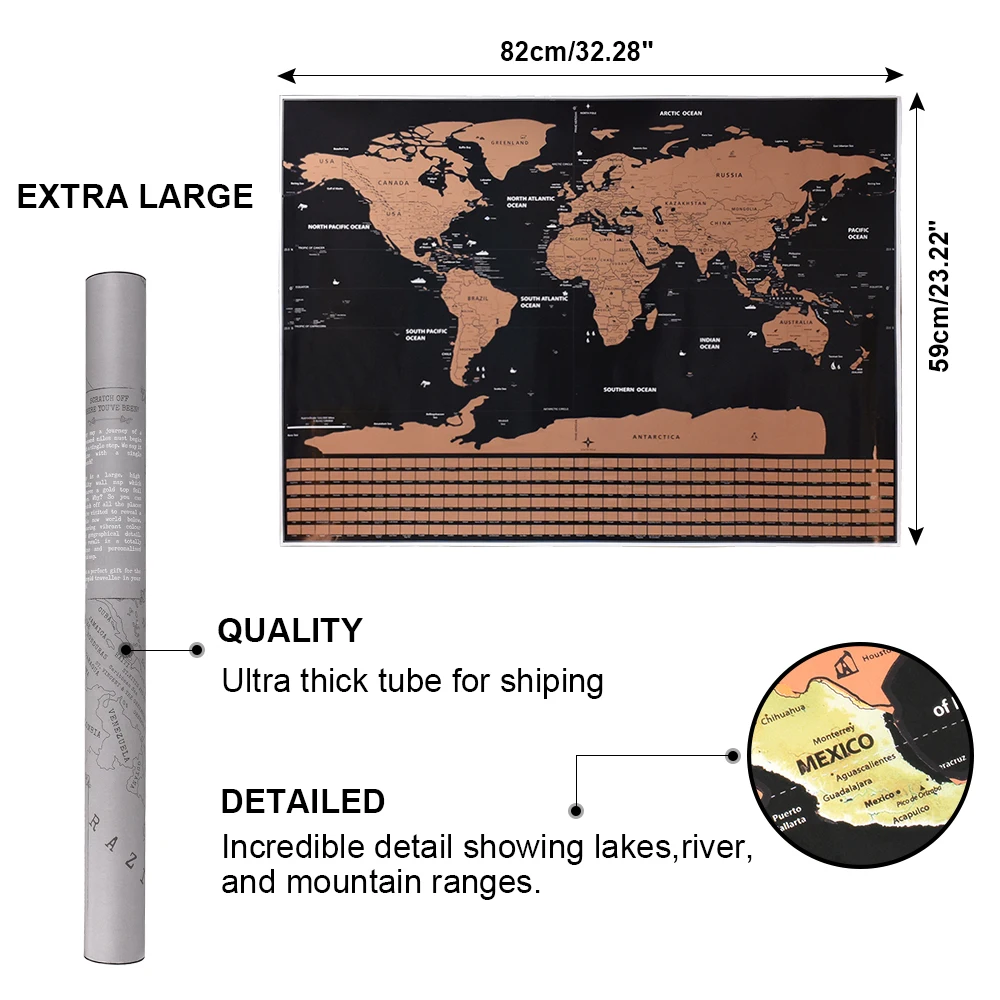 Large Size Scratch Off World Travel Map Premium Personalized Wall Sticker Poster All Country Flags Gift Package for Travelers