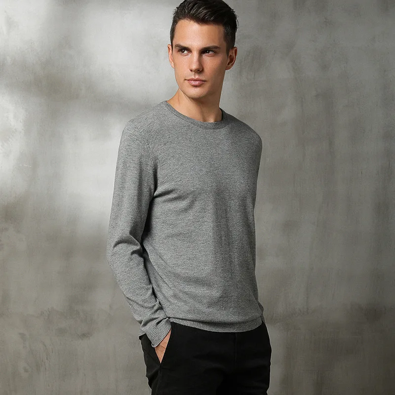 Кашемировый базовый Мужской свитер, осень, трикотажное платье-свитер, hombre pull homme hiver, однотонный пуловер, мужской тонкий вязаный свитер с круглым вырезом - Цвет: Серый