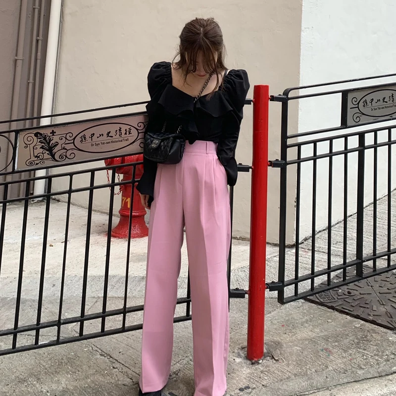 

Korean Office Two Piece Sets Outfits Long Sleeve V-neck Ruffle Trim Black Lady Tops and High Waist Wide Leg Long Pants Elegant