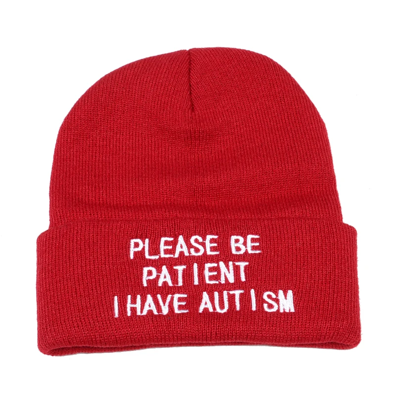 Please Be Patient I Have Autism letter Embroidery Knitted Hat men women Warm Winter Beanie Outdoor Sports Skiing Beanies - Color: Red